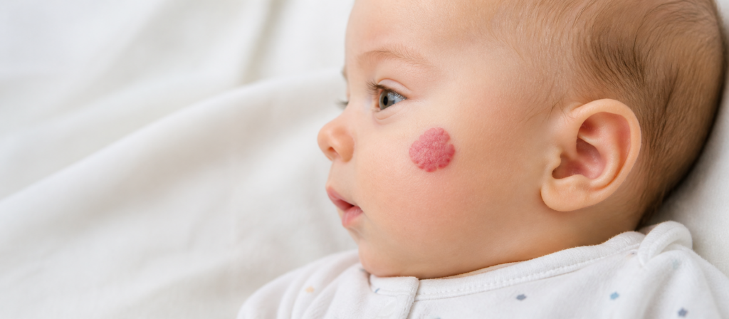 Close-up of infant hemangioma on cheek – benign vascular lesion in baby