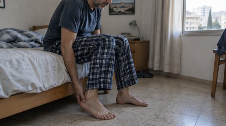 גבר יושב על קצה המיטה ואוחז בעקב בגלל כאב בבוקר
